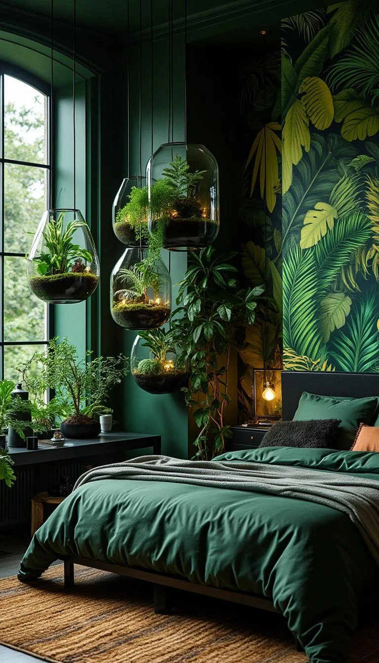 8. Botanical Burst: Design a room with black terrariums filled with greenery set against jungle-inspired murals-0