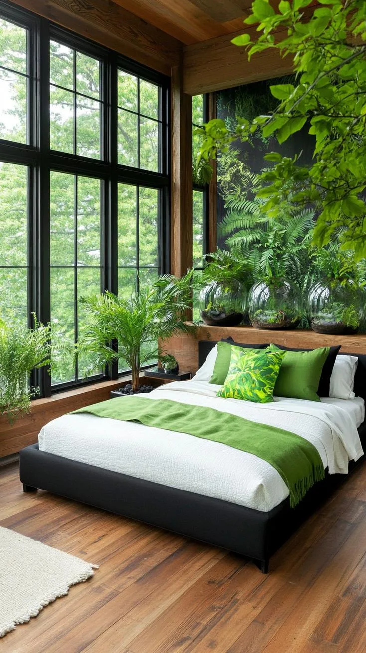 8. Botanical Burst: Design a room with black terrariums filled with greenery set against jungle-inspired murals-2