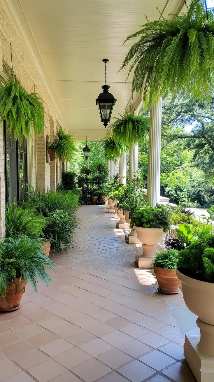 5. Botanical paradise: Fill the porch with overflowing planters of ferns and succulents, creating a lush green canopy-0