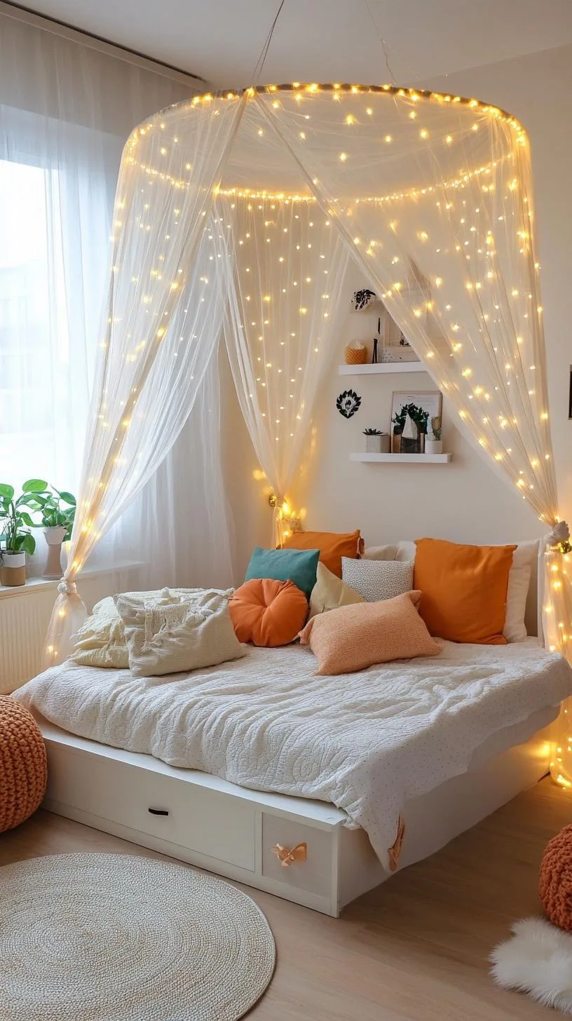 4. Canopy Dreamscape: Create a dreamy ambiance with a sheer canopy draped over the bed and twinkling fairy lights intertwined-0