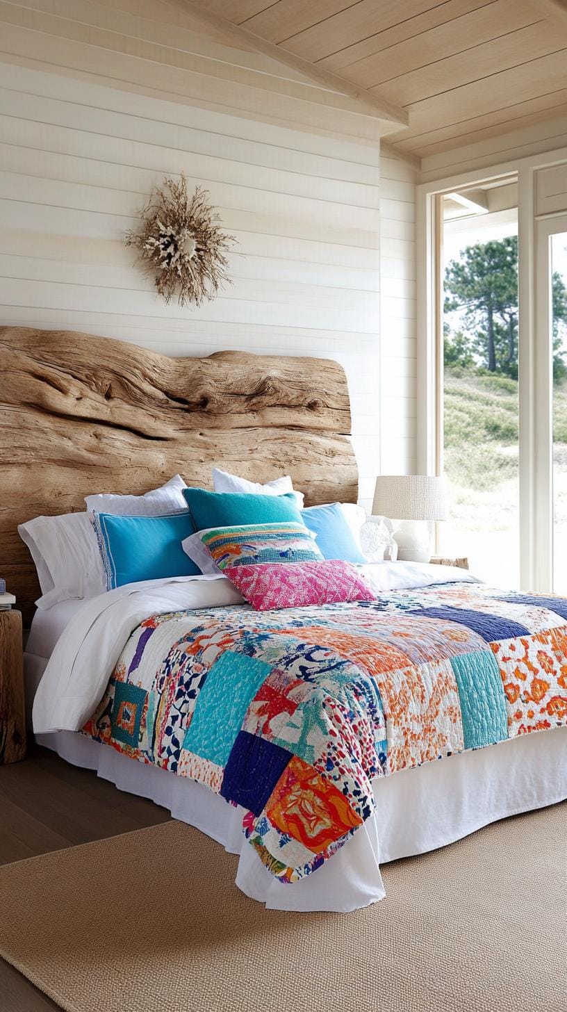 14. Caribbean Calm: Emulate tropical blues with driftwood-inspired headboards and patchwork quilt bedding-1