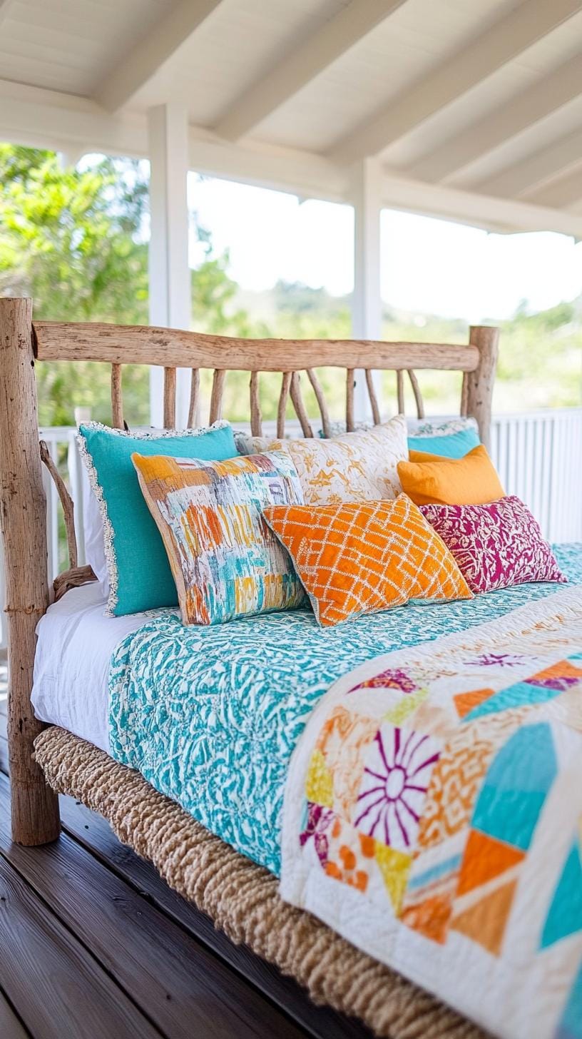 14. Caribbean Calm: Emulate tropical blues with driftwood-inspired headboards and patchwork quilt bedding-2