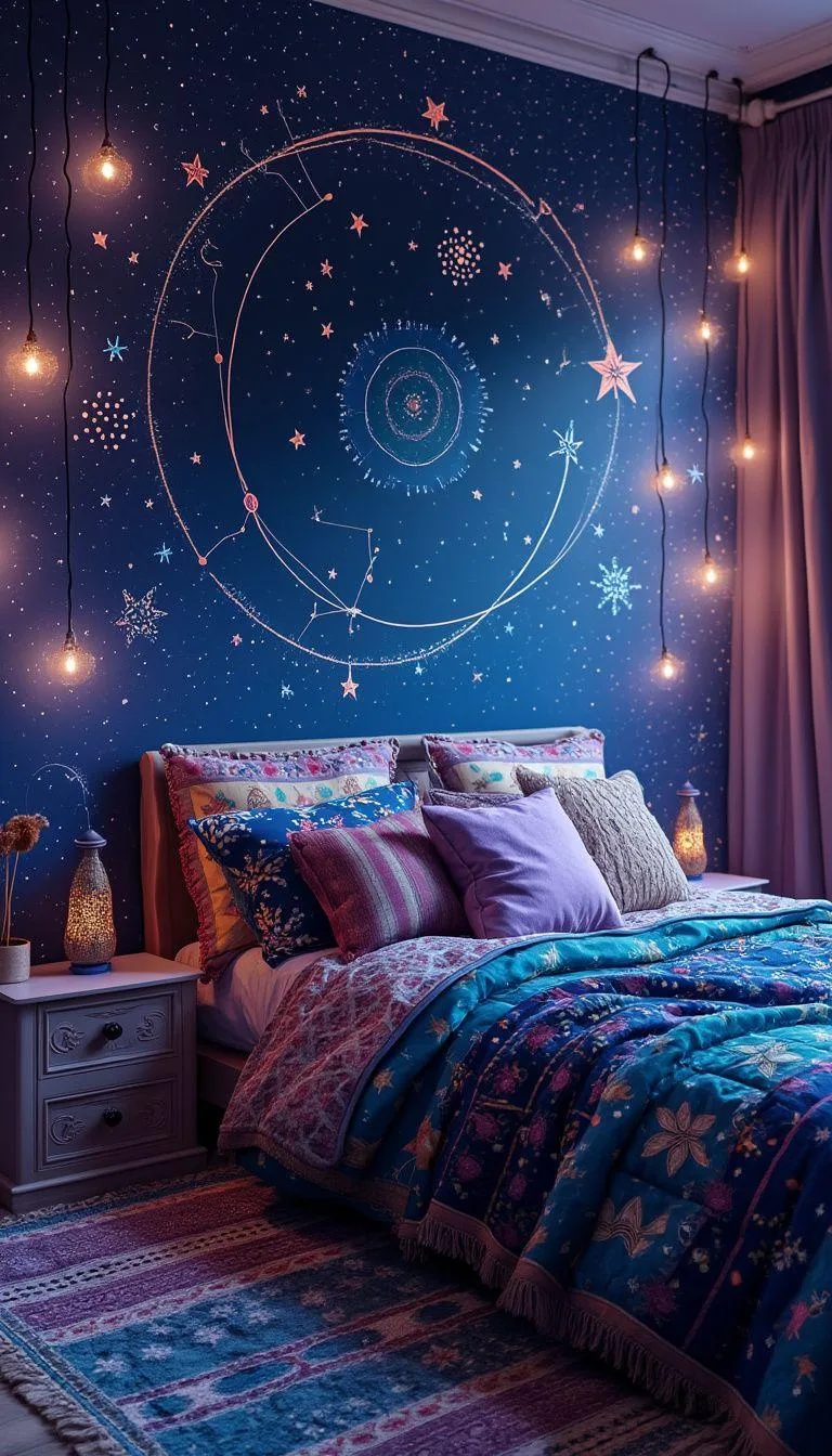21 Colorful Boho Bedroom Ideas for a Whimsical Hippie Vibe 31 11. Celestial Dreamscape: Infuse celestial blues and purples with star motifs and constellation decor-1