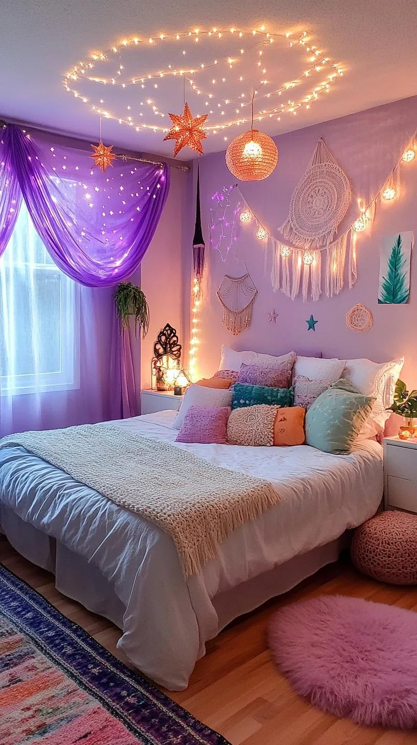 21 Colorful Boho Bedroom Ideas for a Whimsical Hippie Vibe 32 11. Celestial Dreamscape: Infuse celestial blues and purples with star motifs and constellation decor-2
