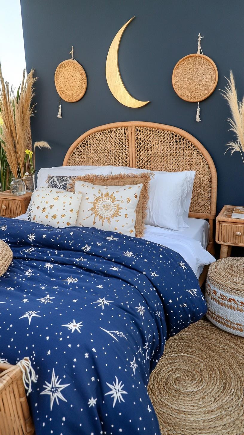 4. Celestial Sanctuary: Combine midnight blues with star-patterned textiles and moon-phase decor elements-0