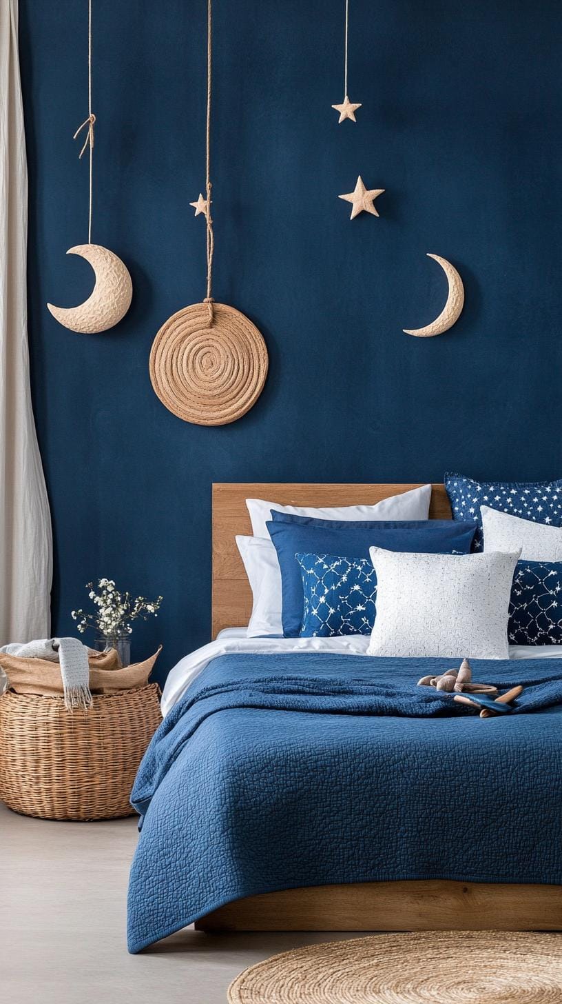 4. Celestial Sanctuary: Combine midnight blues with star-patterned textiles and moon-phase decor elements-1