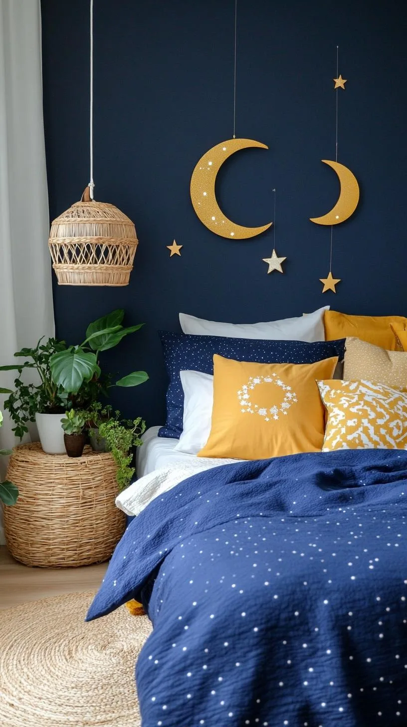 4. Celestial Sanctuary: Combine midnight blues with star-patterned textiles and moon-phase decor elements-2