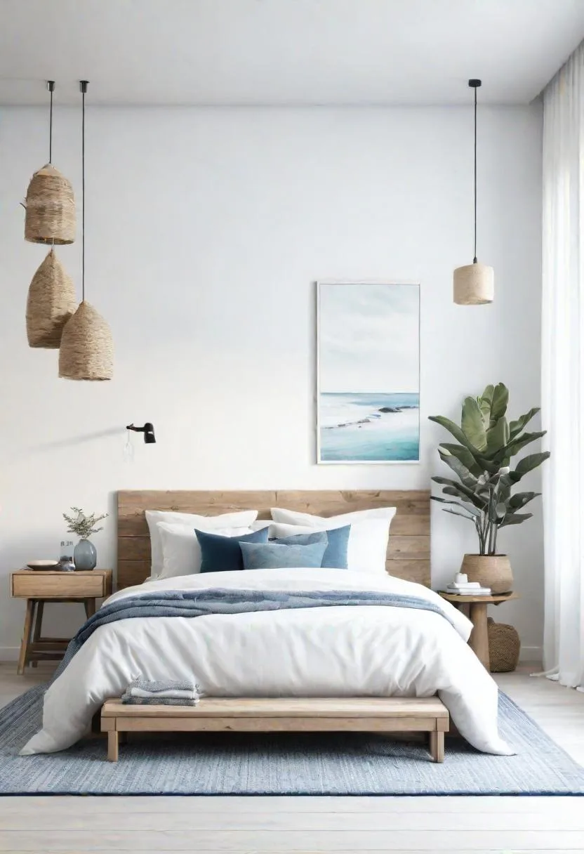 11. Coastal retreat mixing airy whites, sea-inspired blues, and driftwood details-2