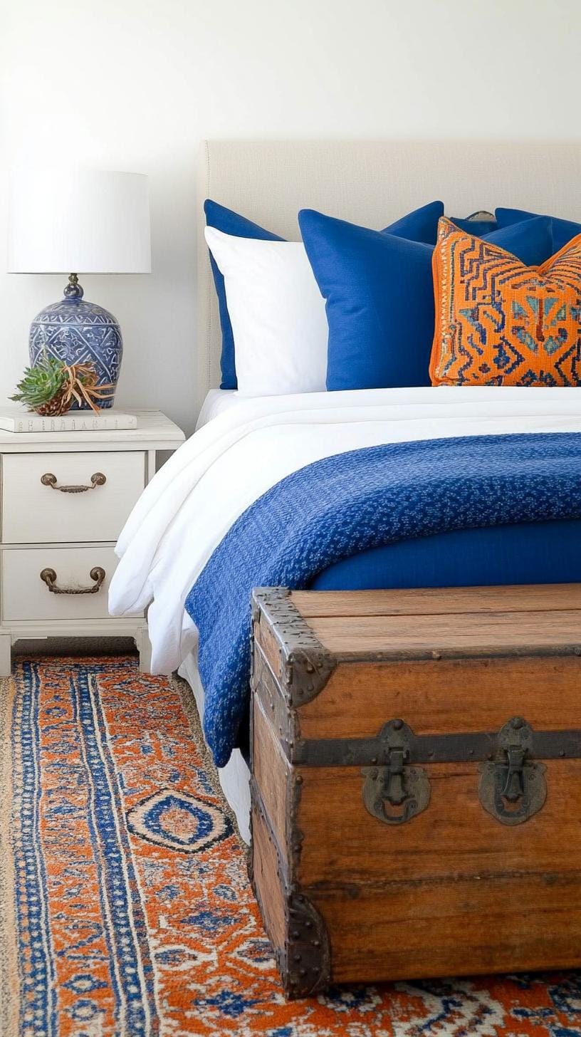 7. Cobalt Haven: Pair cobalt blue bedding with Moroccan-patterned rugs and vintage travel chests-0