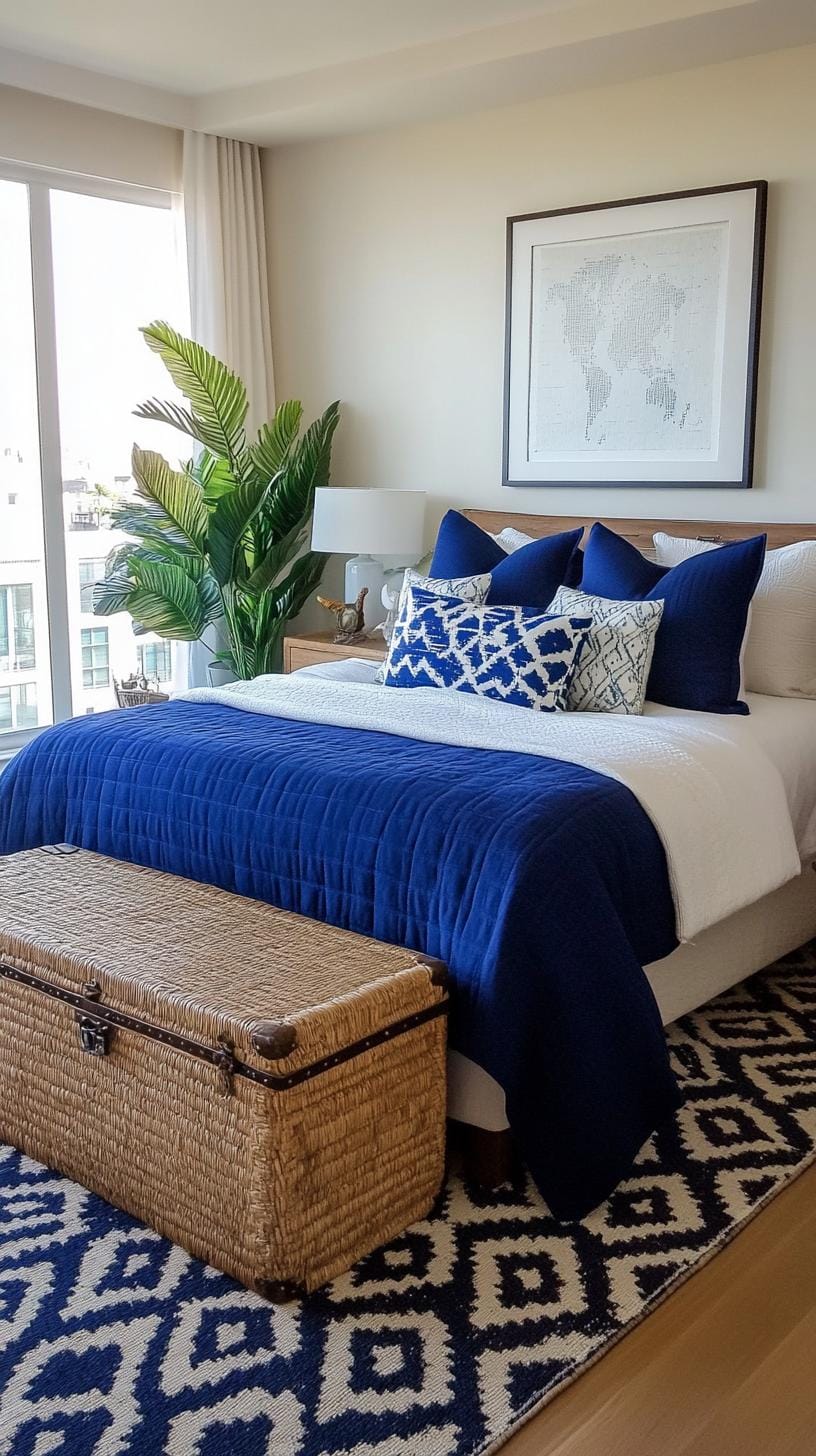 7. Cobalt Haven: Pair cobalt blue bedding with Moroccan-patterned rugs and vintage travel chests-1