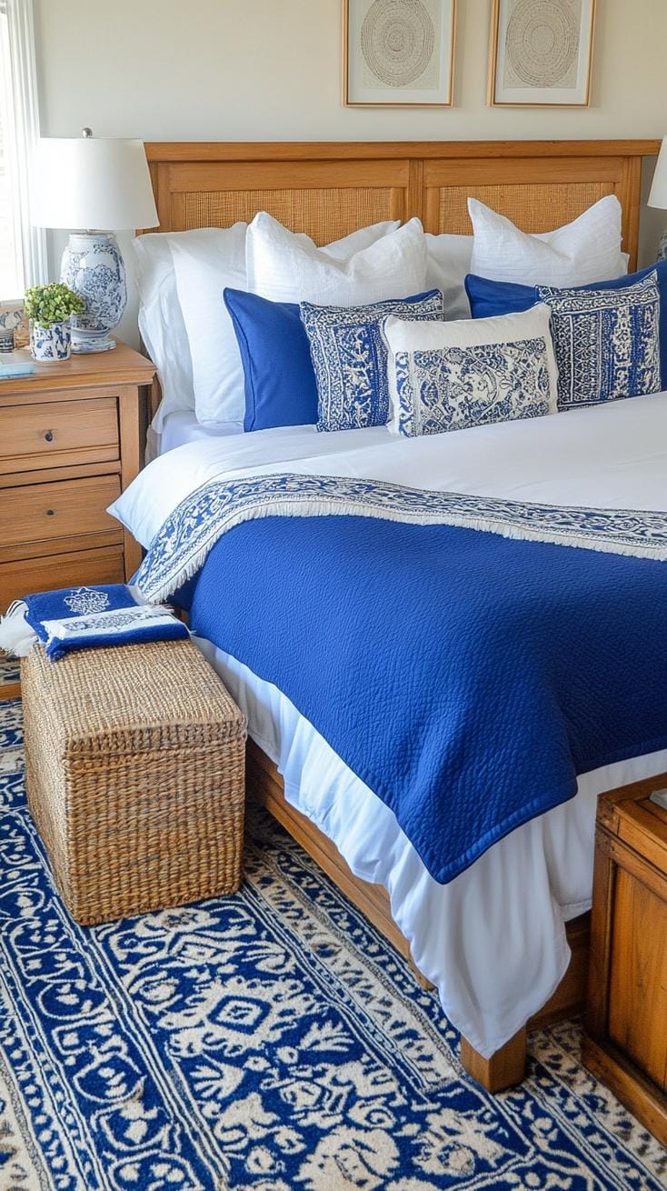 7. Cobalt Haven: Pair cobalt blue bedding with Moroccan-patterned rugs and vintage travel chests-2