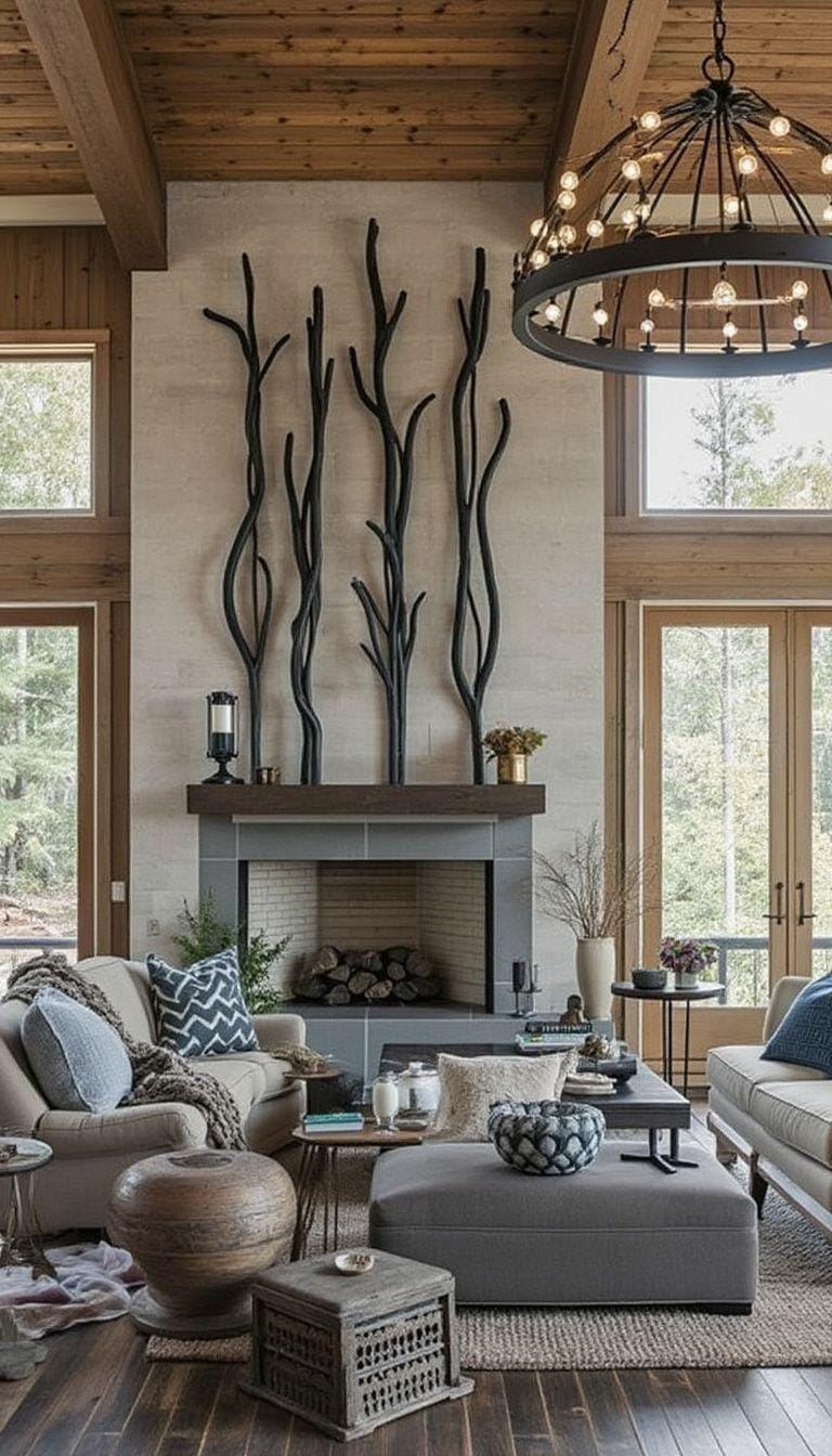 12. Combine sleek metal sculptures with rustic elements such as reclaimed barn wood walls and wrought iron chandeliers-0