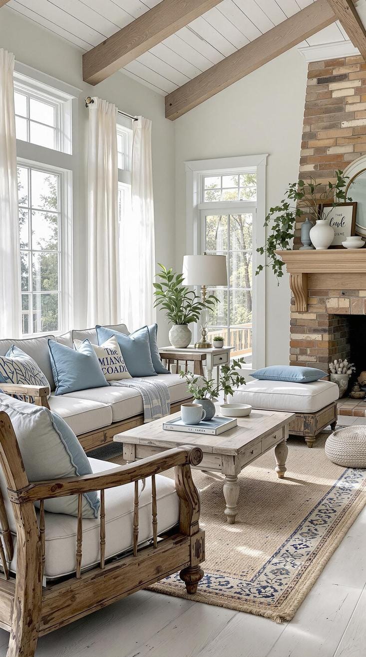 1. Combine weathered wood furniture with soft blue hues for a rustic and serene coastal feel-2