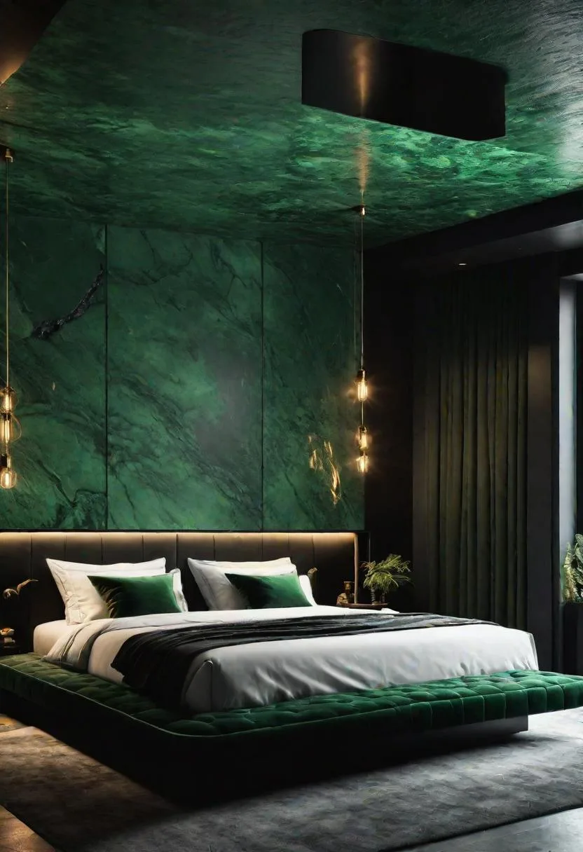 19. Contemplative Caves: Conceive a cave-like ambiance with dark green stone walls and black ceiling fixtures-0