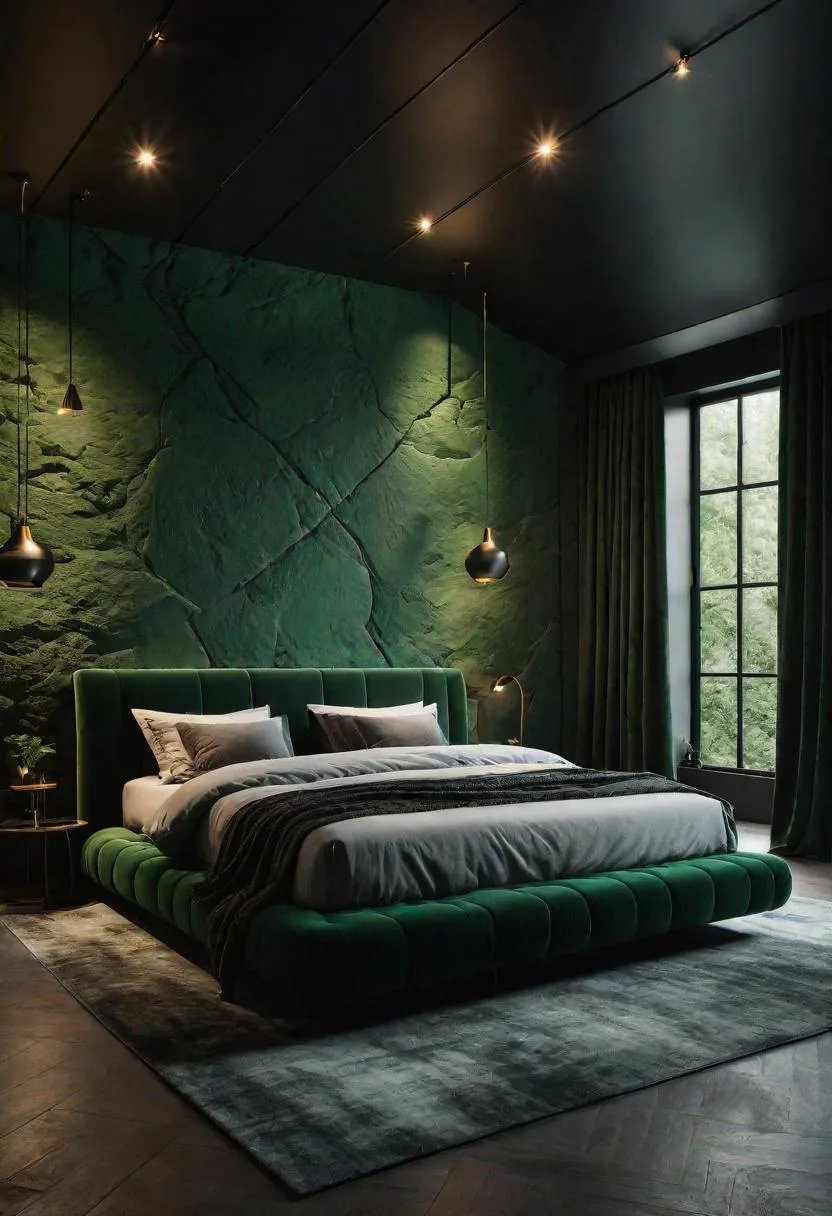 19. Contemplative Caves: Conceive a cave-like ambiance with dark green stone walls and black ceiling fixtures-2