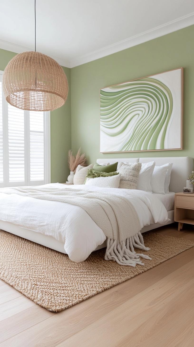 19. Contemporary art-lover’s setup with large sage green murals and simple lines-1