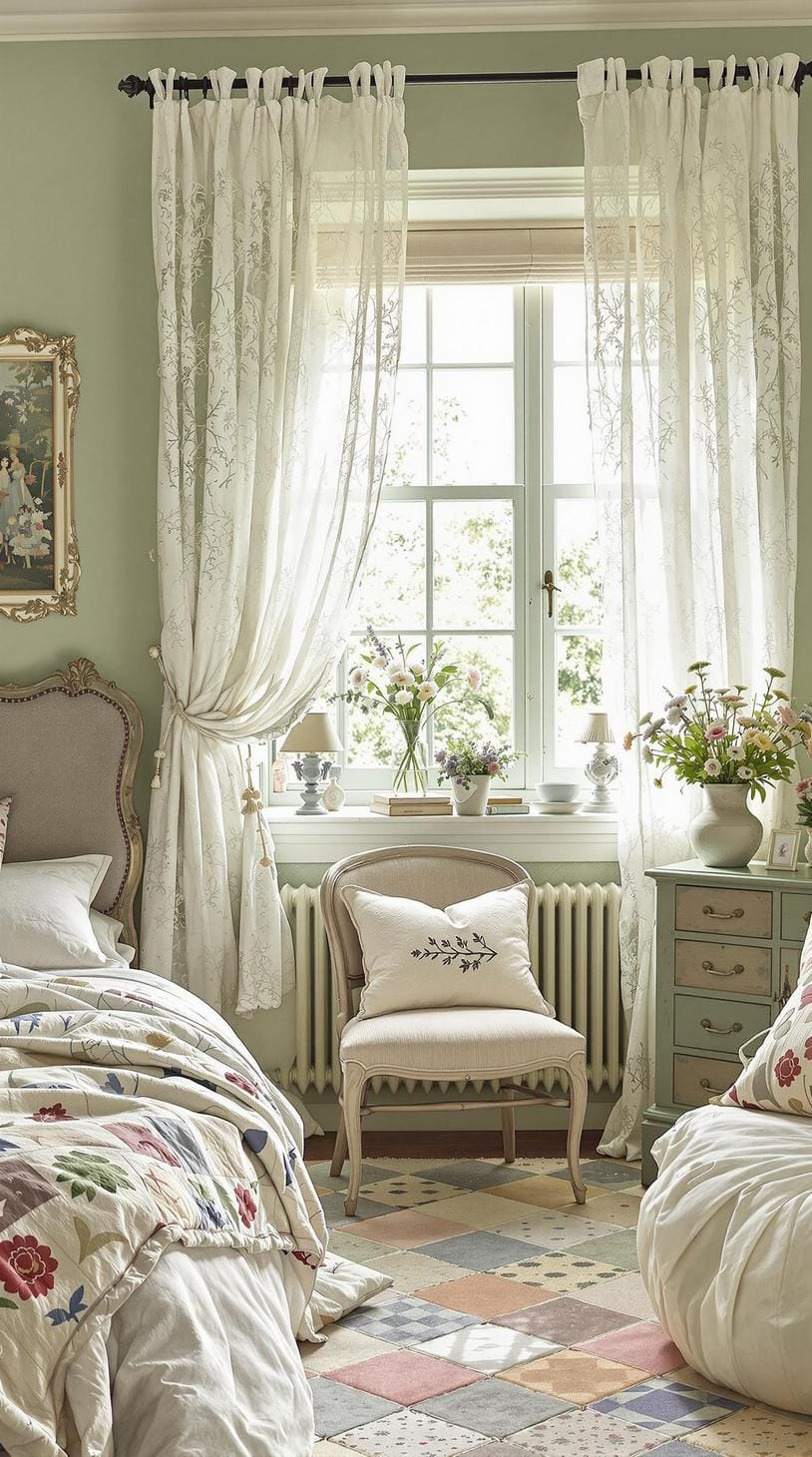 18. Cottagecore-inspired room with lace curtains over sage green walls-0