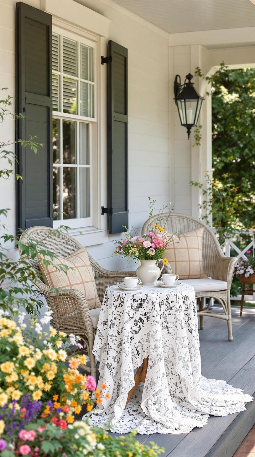 12. Country elegance: Wicker chairs paired with a lace tablecloth adorned with fresh wildflowers and vintage teacups-0