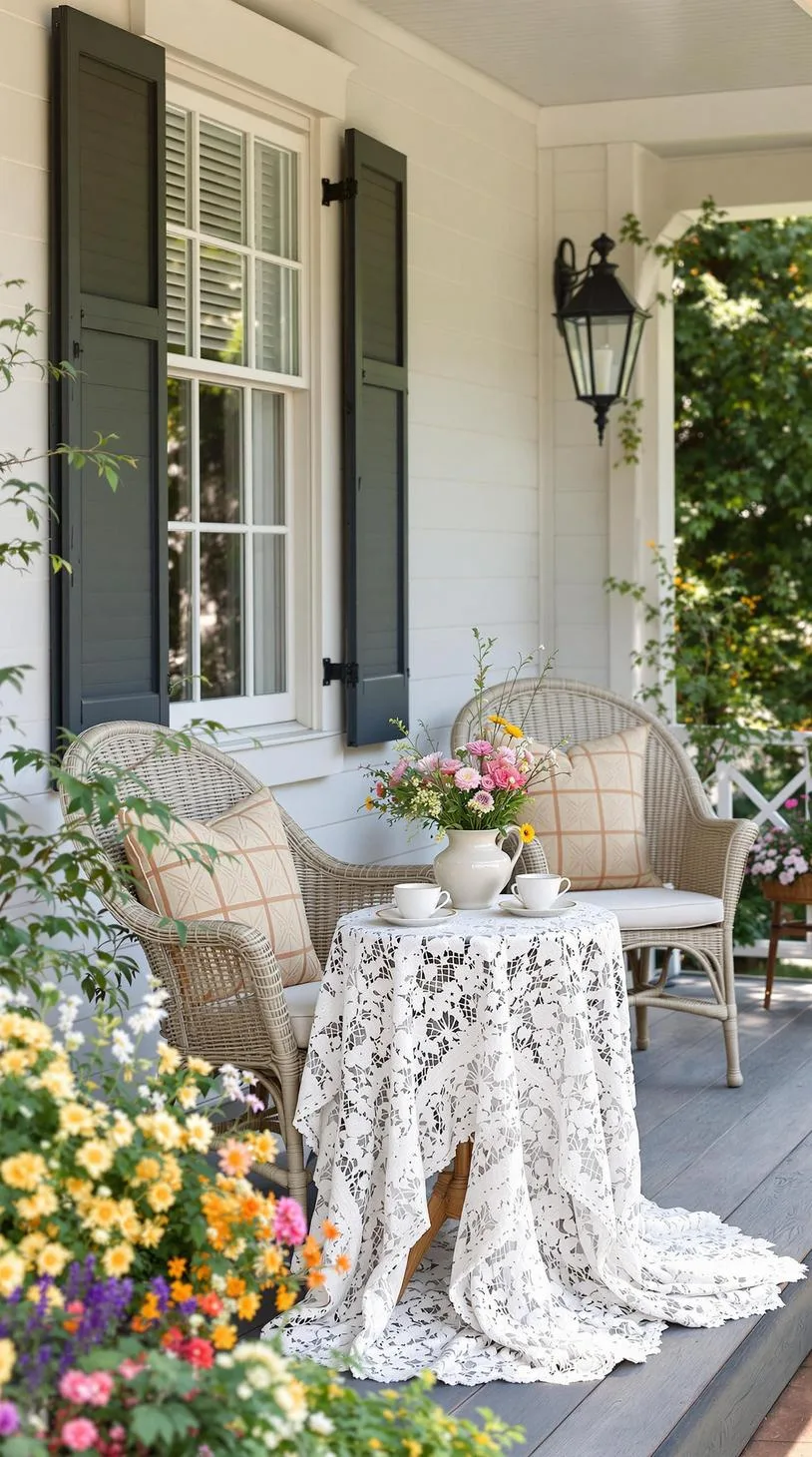 12. Country elegance: Wicker chairs paired with a lace tablecloth adorned with fresh wildflowers and vintage teacups-0