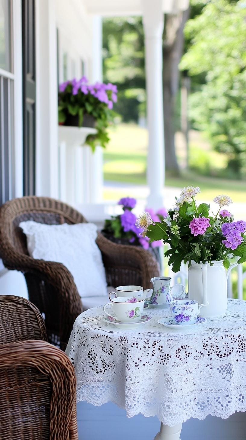 12. Country elegance: Wicker chairs paired with a lace tablecloth adorned with fresh wildflowers and vintage teacups-1