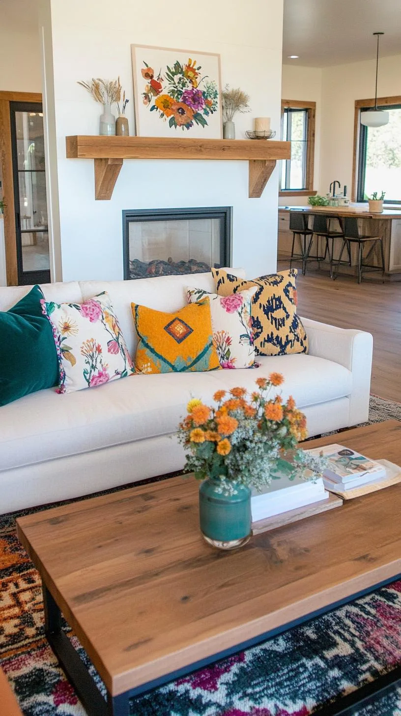 23 Unique Boho Farmhouse Living Room Ideas To Copy 58 19. Cozy Collage: Extend style with multiple layered patterns, uniting florals and geometrics in throws and cushions, paired with a simple wooden mantel-0