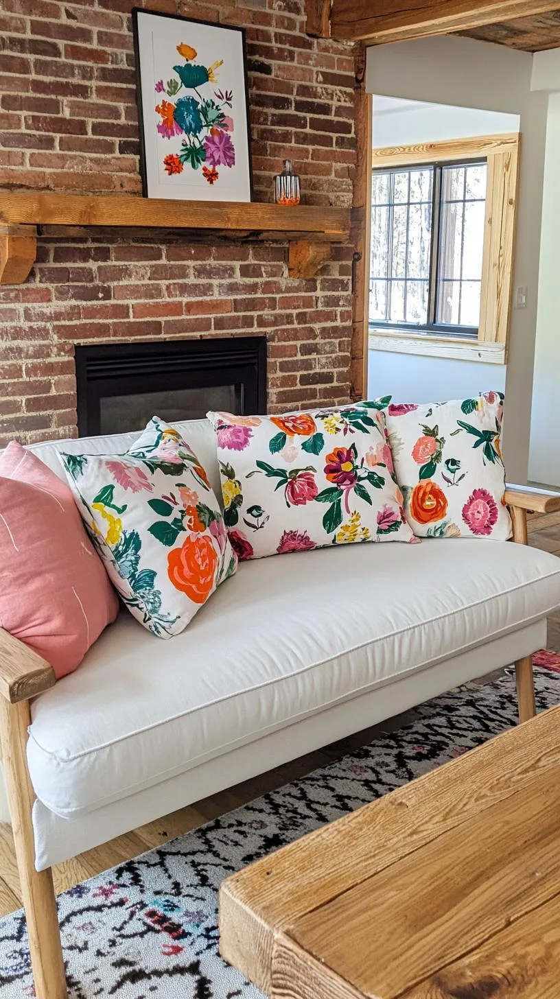 23 Unique Boho Farmhouse Living Room Ideas To Copy 59 19. Cozy Collage: Extend style with multiple layered patterns, uniting florals and geometrics in throws and cushions, paired with a simple wooden mantel-1