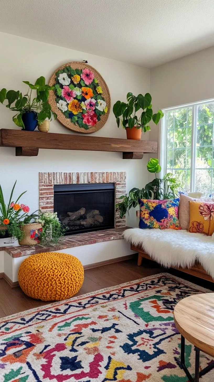 23 Unique Boho Farmhouse Living Room Ideas To Copy 60 19. Cozy Collage: Extend style with multiple layered patterns, uniting florals and geometrics in throws and cushions, paired with a simple wooden mantel-2