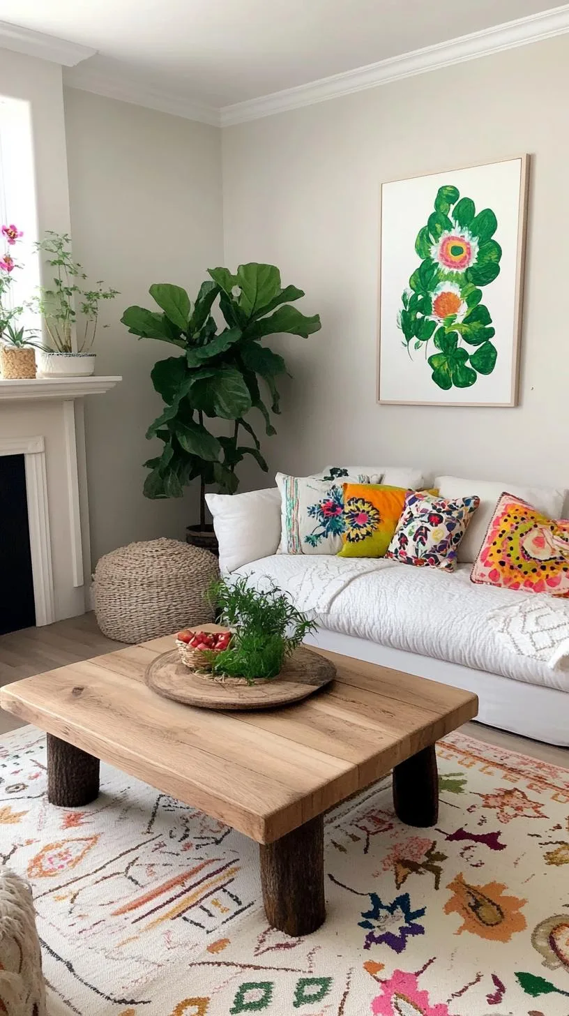 23 Unique Boho Farmhouse Living Room Ideas To Copy 61 19. Cozy Collage: Extend style with multiple layered patterns, uniting florals and geometrics in throws and cushions, paired with a simple wooden mantel-3