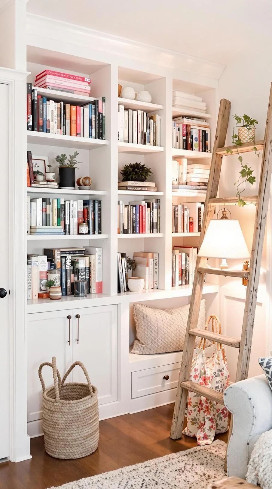23 Unique Boho Farmhouse Living Room Ideas To Copy 36 12. Cozy Cornerstone: Feature built-in shelving with books and trinkets, framed by a wooden ladder shelf and a reading lamp for a warming glow-0