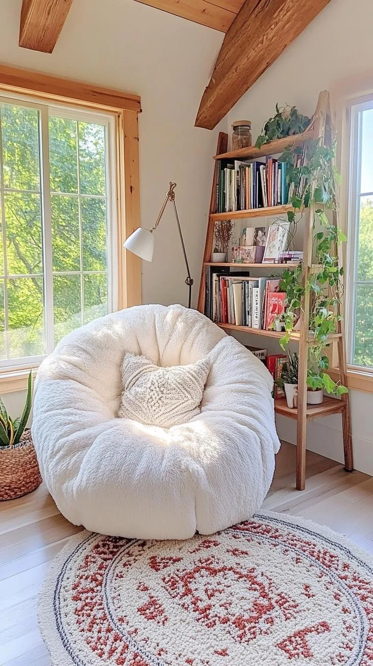 23 Unique Boho Farmhouse Living Room Ideas To Copy 37 12. Cozy Cornerstone: Feature built-in shelving with books and trinkets, framed by a wooden ladder shelf and a reading lamp for a warming glow-1