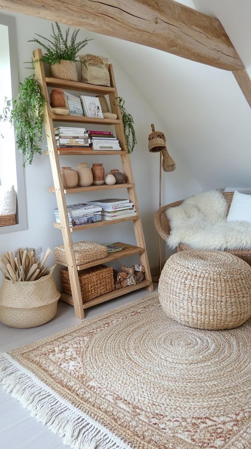 12. Cozy Cornerstone: Feature built-in shelving with books and trinkets, framed by a wooden ladder shelf and a reading lamp for a warming glow-2