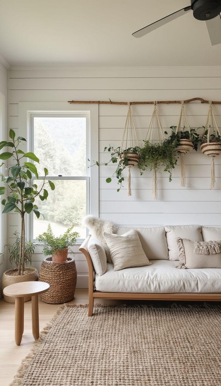 4. Cozy Minimalism: Focus on an open floor plan with light-colored shiplap walls, a plush, low-profile sofa, and botanicals in macrame hangers-0