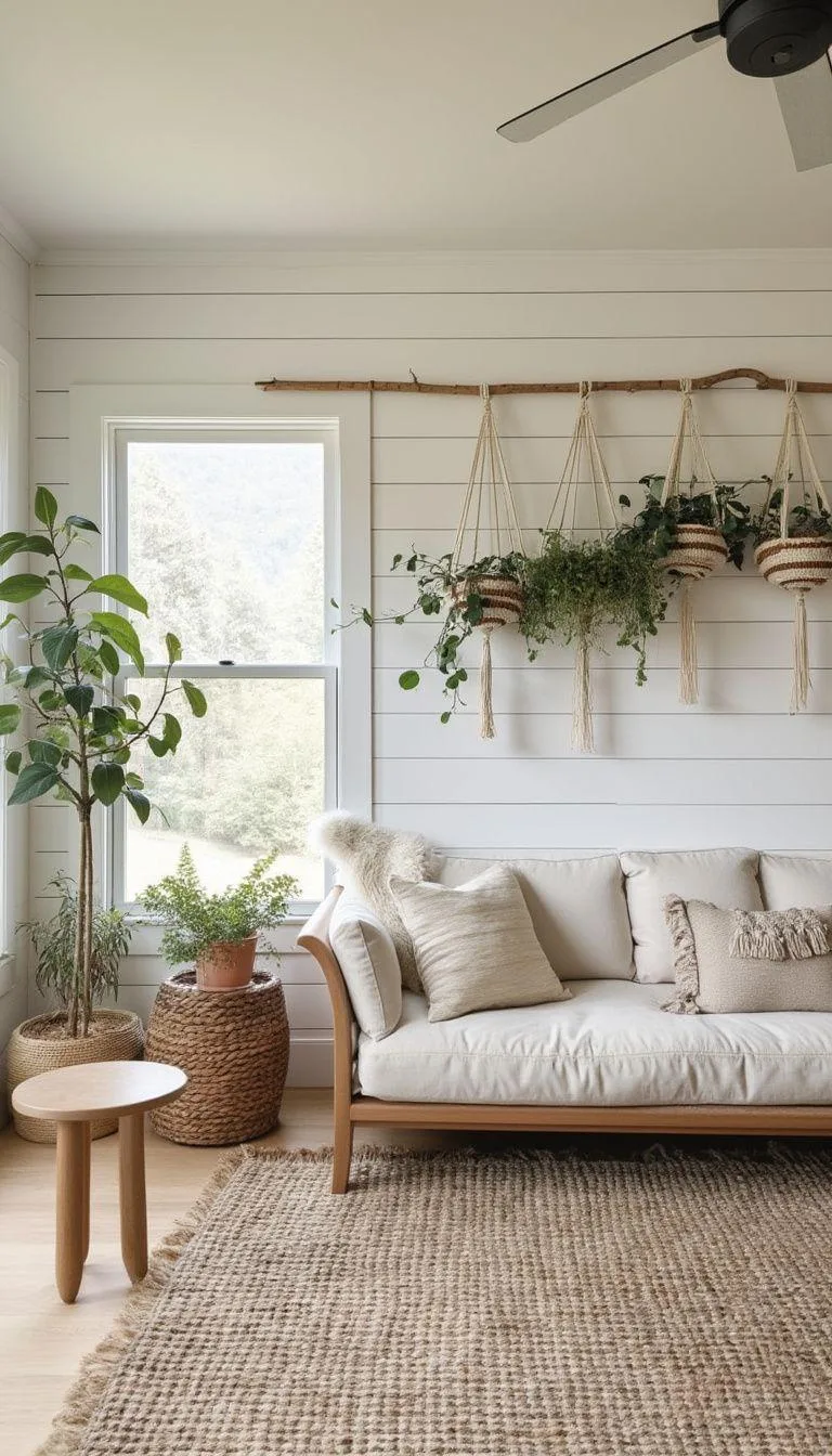 23 Unique Boho Farmhouse Living Room Ideas To Copy 11 4. Cozy Minimalism: Focus on an open floor plan with light-colored shiplap walls, a plush, low-profile sofa, and botanicals in macrame hangers-0
