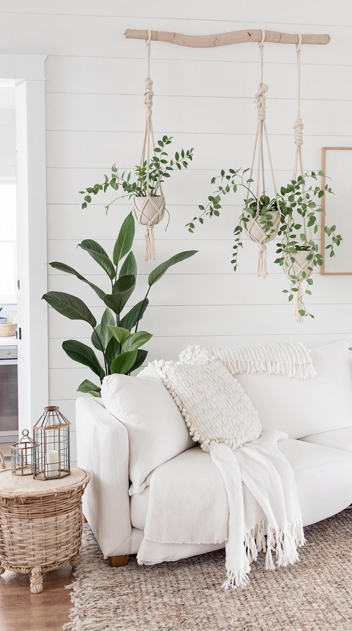 4. Cozy Minimalism: Focus on an open floor plan with light-colored shiplap walls, a plush, low-profile sofa, and botanicals in macrame hangers-1