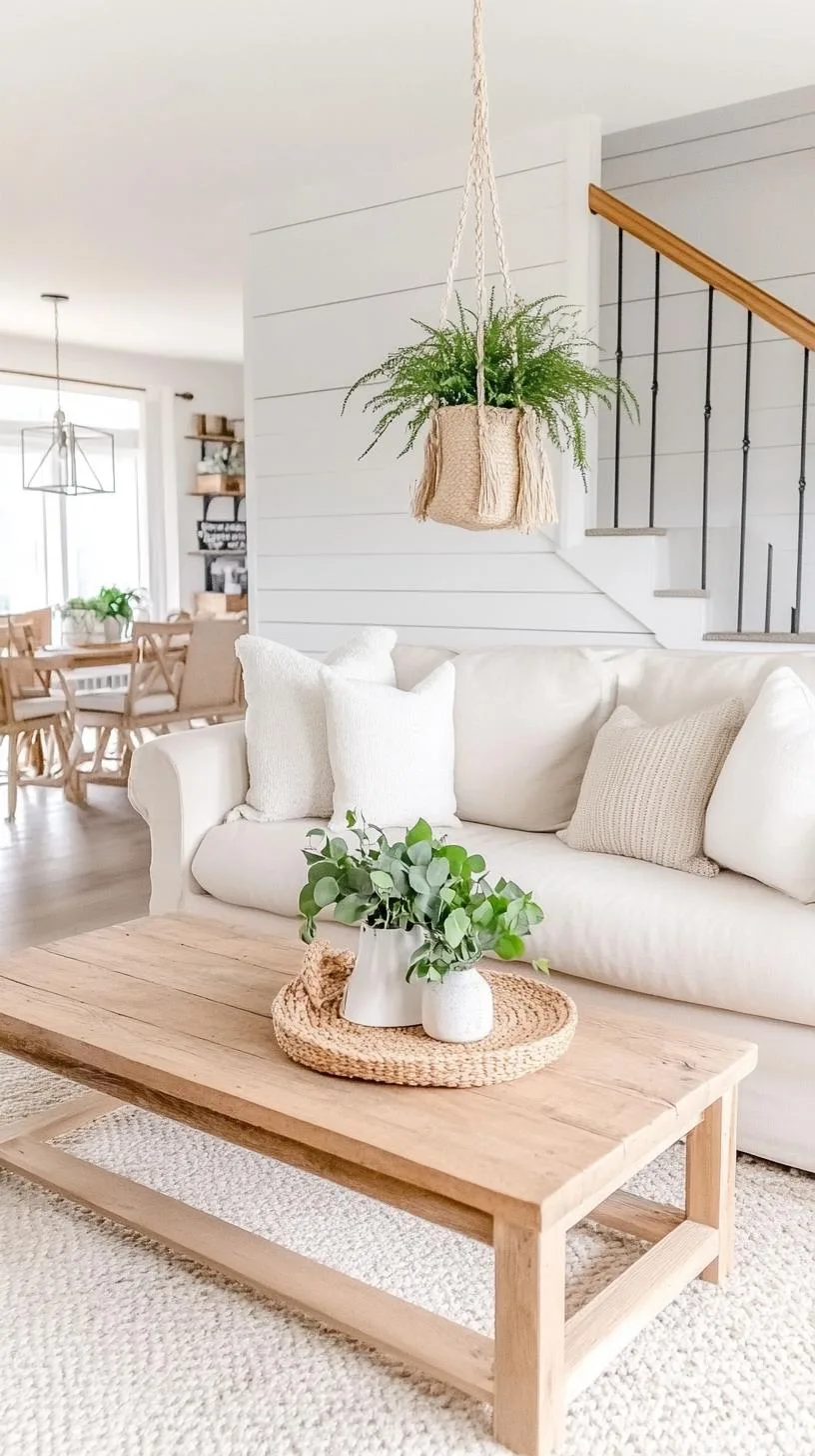 23 Unique Boho Farmhouse Living Room Ideas To Copy 13 4. Cozy Minimalism: Focus on an open floor plan with light-colored shiplap walls, a plush, low-profile sofa, and botanicals in macrame hangers-2