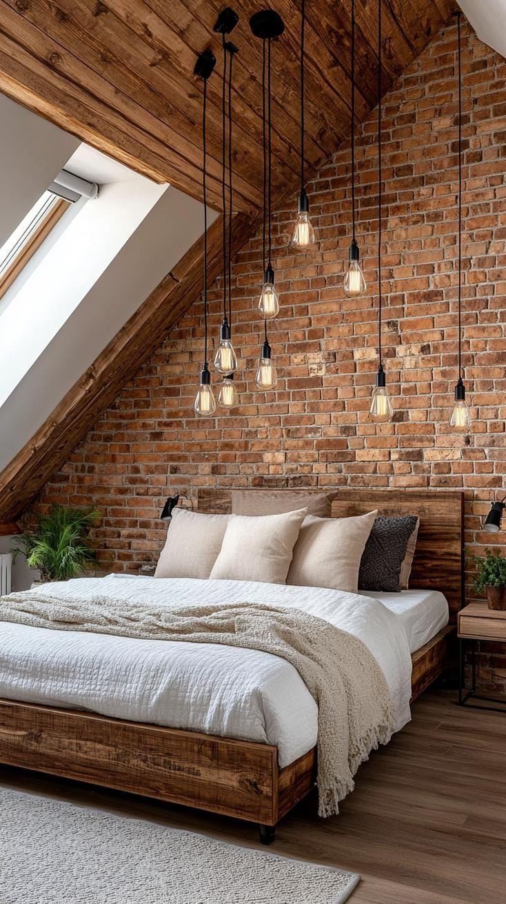 12. Craft a rustic-chic vibe with exposed brick walls, aged wood furniture, and Edison bulb lighting-1