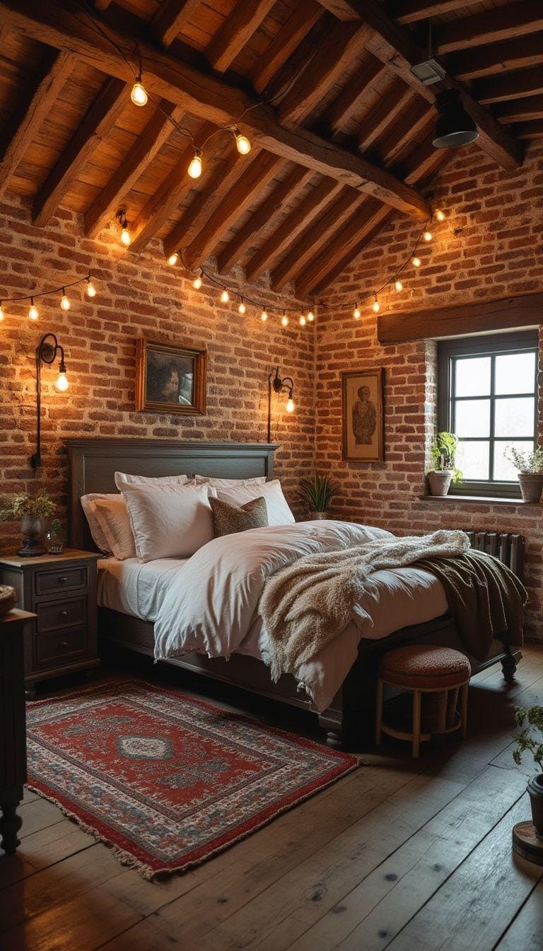 12. Craft a rustic-chic vibe with exposed brick walls, aged wood furniture, and Edison bulb lighting-2