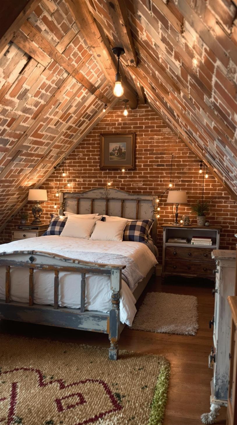 12. Craft a rustic-chic vibe with exposed brick walls, aged wood furniture, and Edison bulb lighting-3