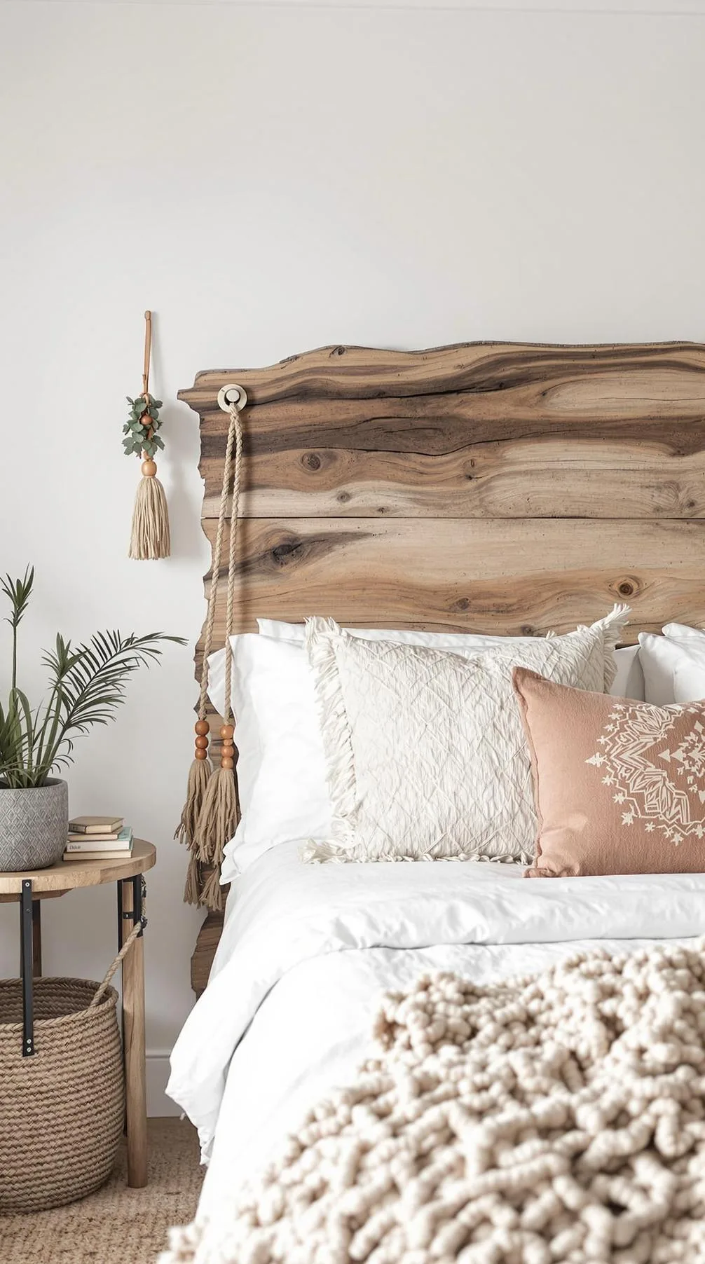 3. Create a balance with natural textures using raw wooden headboards paired with leather tassel accents-1