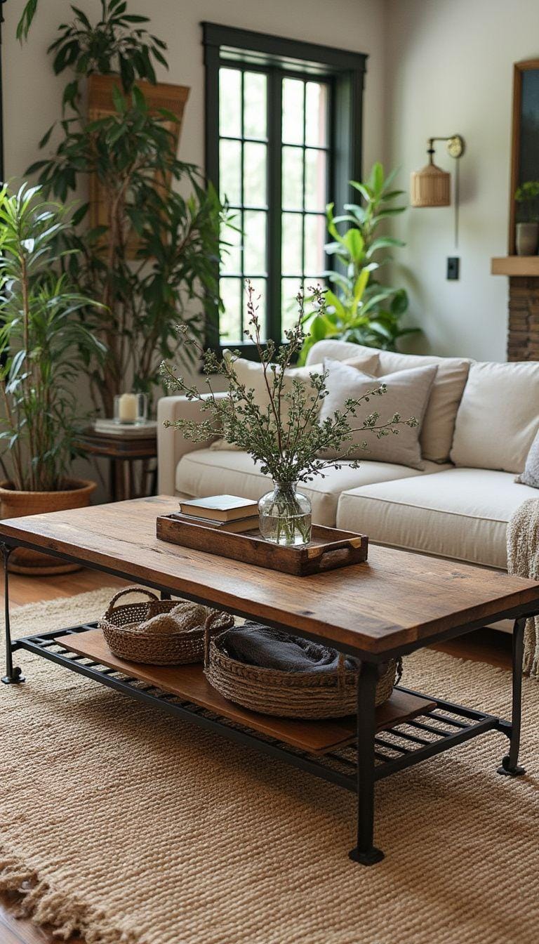 20. Create a center of serenity with a wrought iron and wood coffee table, paired with hemp rugs and lush greenery for contrast-0