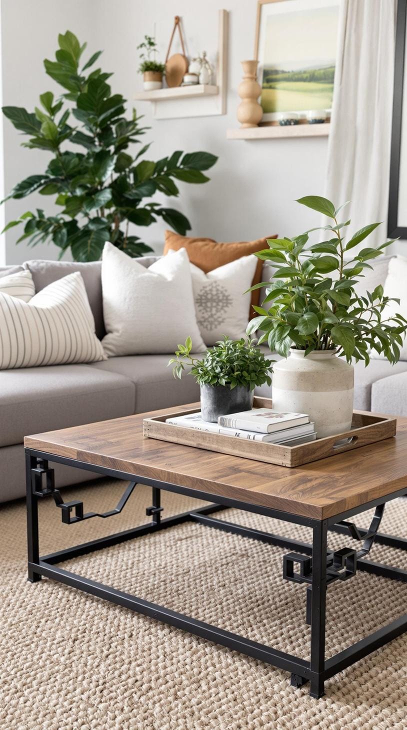 20. Create a center of serenity with a wrought iron and wood coffee table, paired with hemp rugs and lush greenery for contrast-1