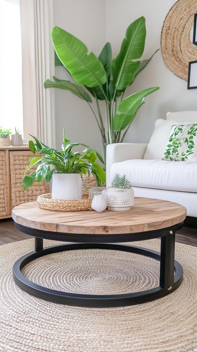 20. Create a center of serenity with a wrought iron and wood coffee table, paired with hemp rugs and lush greenery for contrast-2