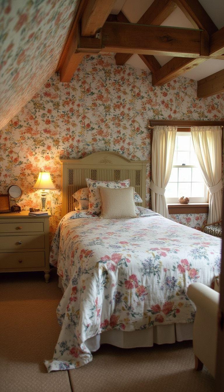 2. Create a cozy cottage retreat with floral wallpaper, vintage furnishings, and natural wood beams-0