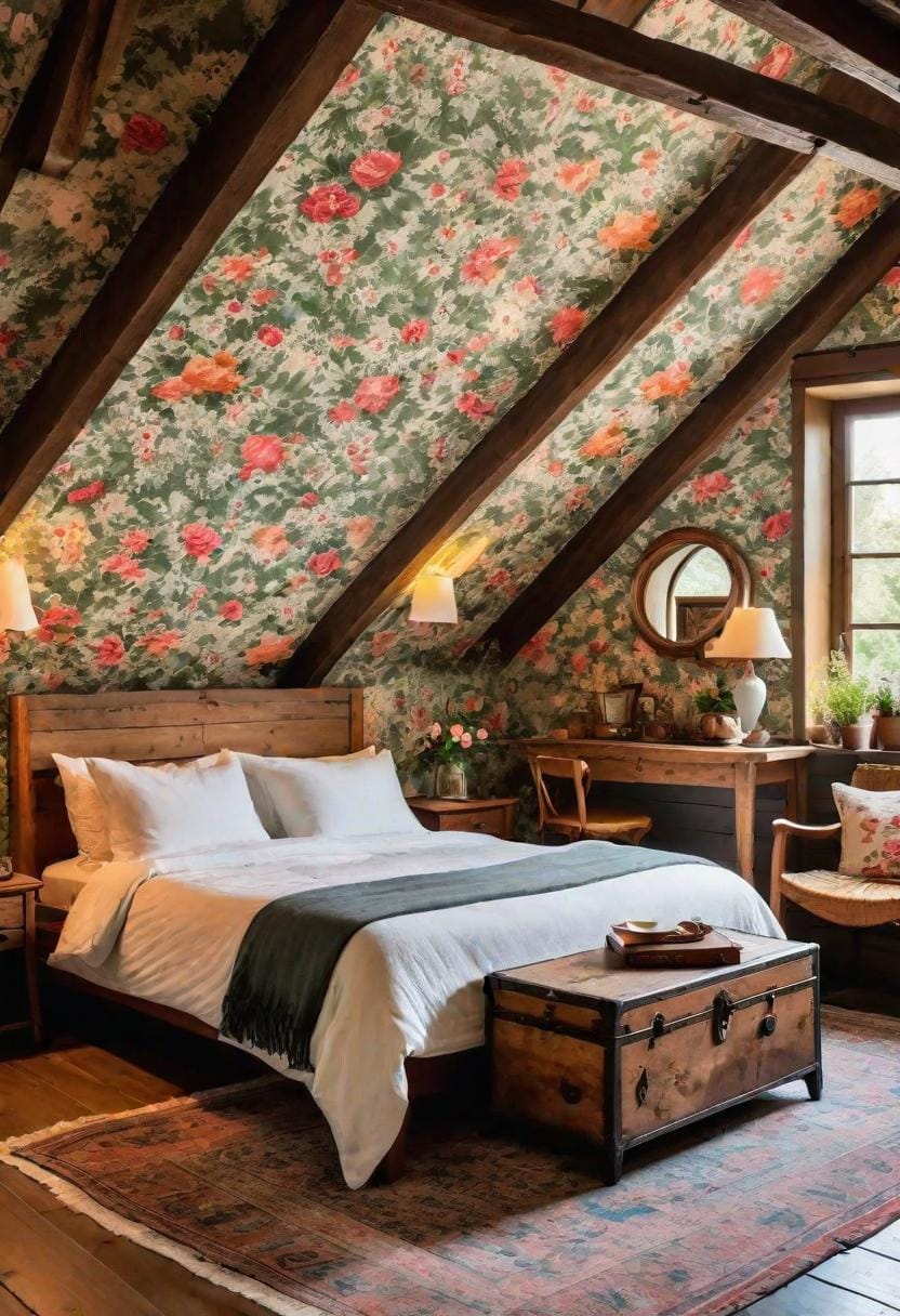 2. Create a cozy cottage retreat with floral wallpaper, vintage furnishings, and natural wood beams-1