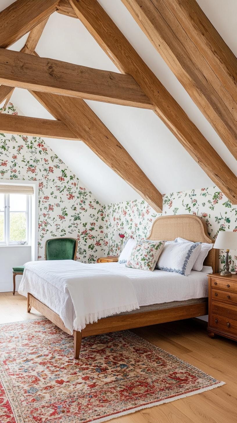 2. Create a cozy cottage retreat with floral wallpaper, vintage furnishings, and natural wood beams-2