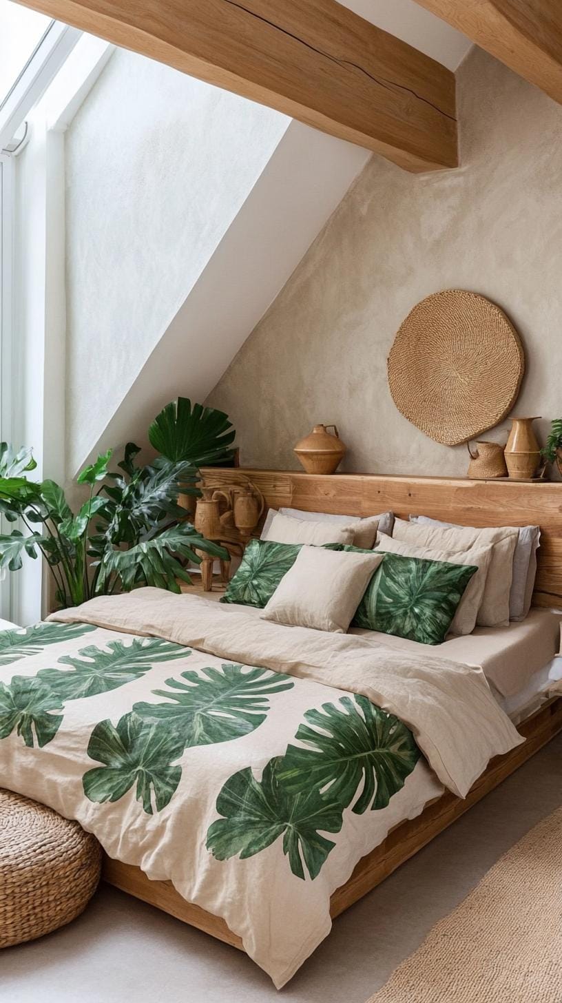 10. Create a nature-inspired retreat with leaf motifs, hand-crafted wooden furniture, and earthy tones-0