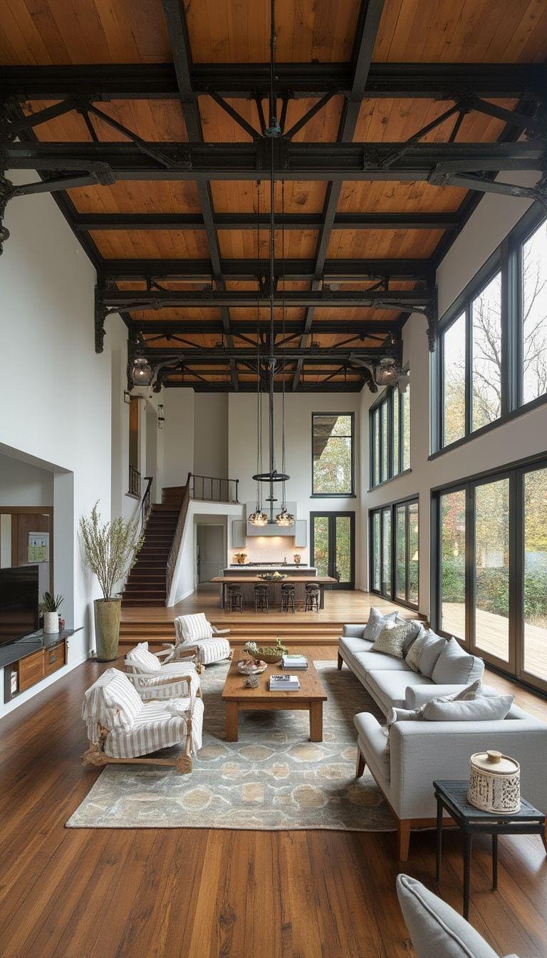 3. Create a spacious open-plan living area combining industrial steel beams with rustic wooden floors, accented by minimalist decor-0