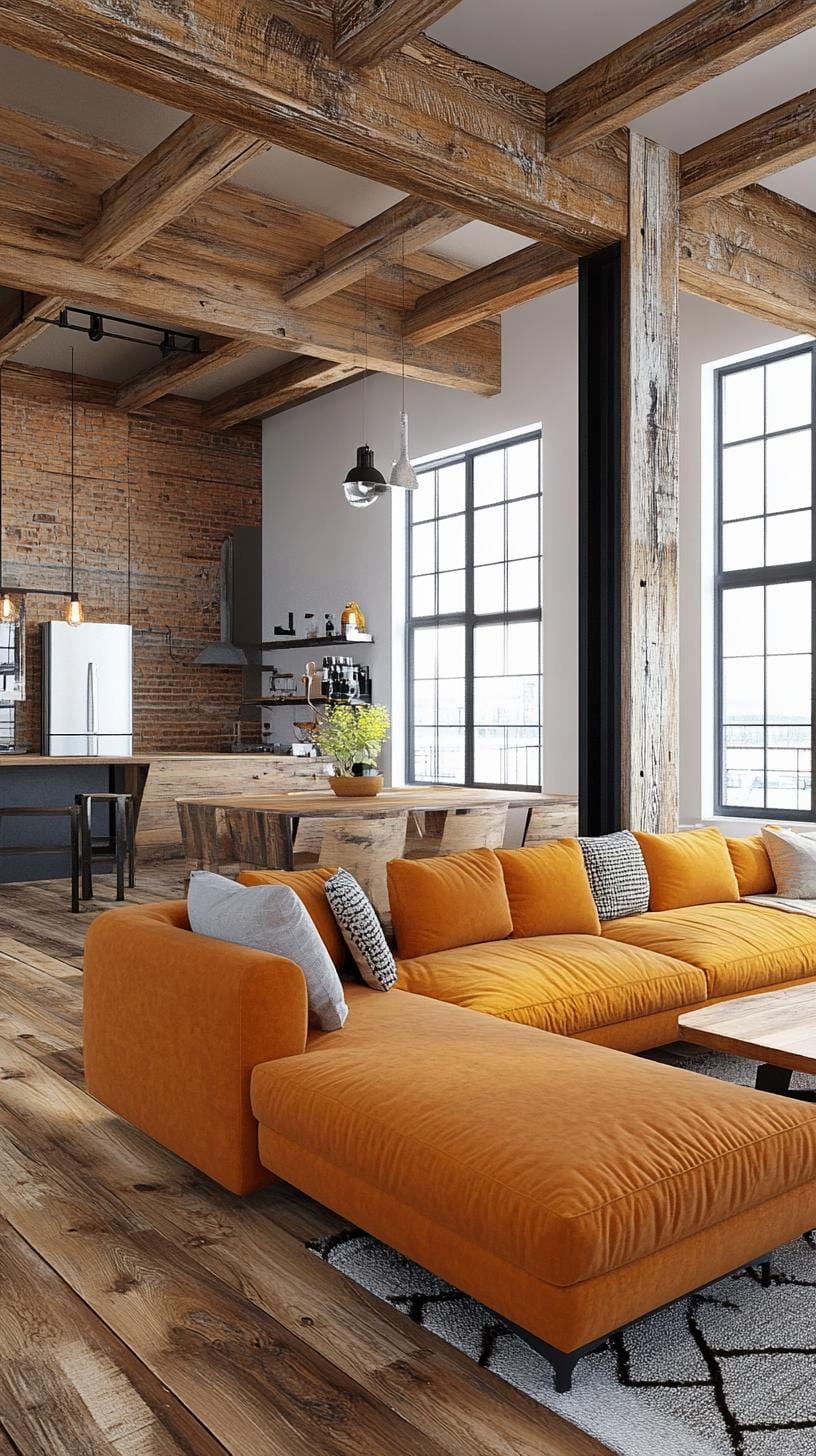 3. Create a spacious open-plan living area combining industrial steel beams with rustic wooden floors, accented by minimalist decor-1