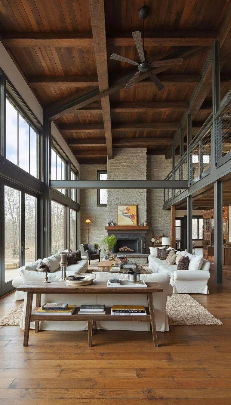 21 Best Industrial Farmhouse Living Room Ideas to Inspire 11 3. Create a spacious open-plan living area combining industrial steel beams with rustic wooden floors, accented by minimalist decor-2