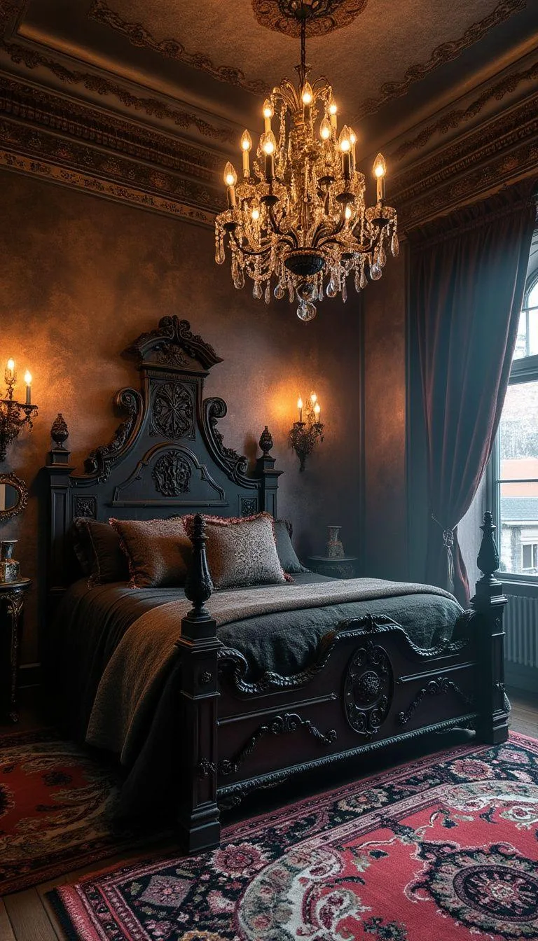 5. Crystal chandelier overhead illuminating a dark wood and wrought iron bed, with plush Persian rugs underfoot-0